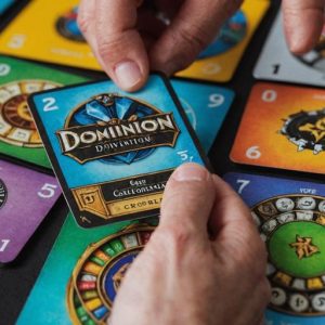 Hand hält Dominion-Karten vor Spielbrett