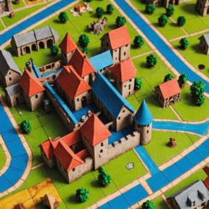 Carcassonne-Spielbrett mit bunten Plättchen und Meeples