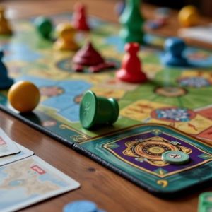 Brettspiel Keltis mit bunten Spielsteinen und Karten