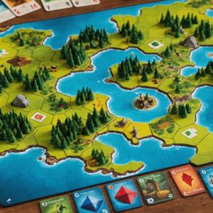 Spirit Island Spielaufbau mit bunten Spielsteinen