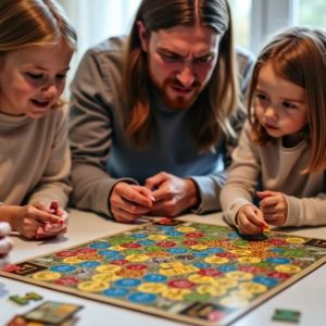 Familie spielt ein Brettspiel zusammen.